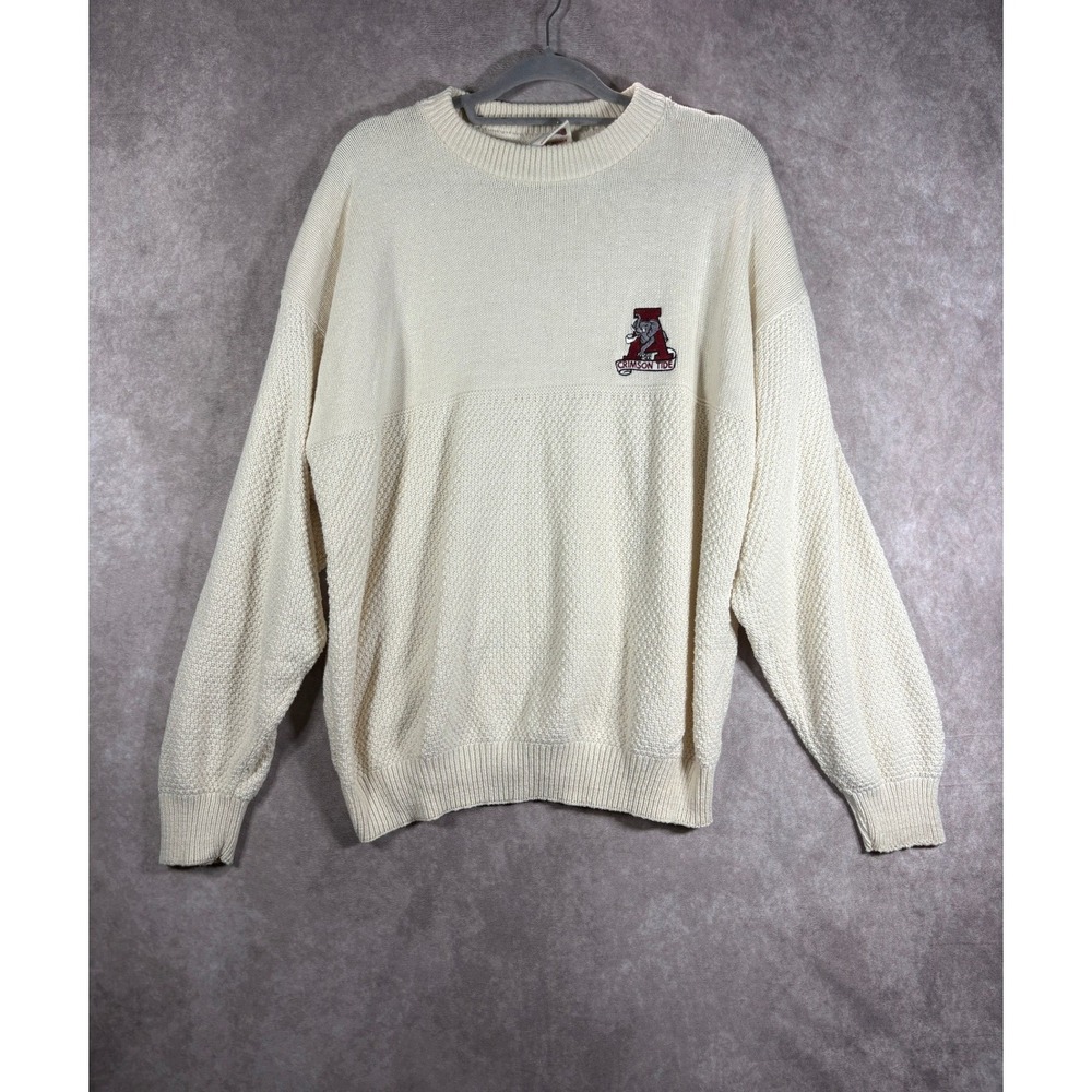 Vintage Alabama Crimson Tide Nutmeg Mills Sweater Mens L Cream Cotton Knit USA